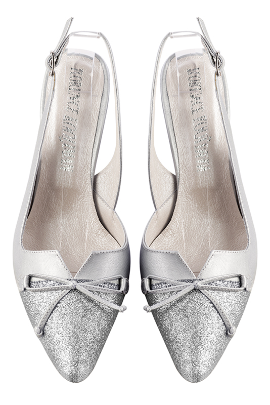 Light silver women's open back shoes, with a knot. Tapered toe. High slim heel. Top view - Florence KOOIJMAN